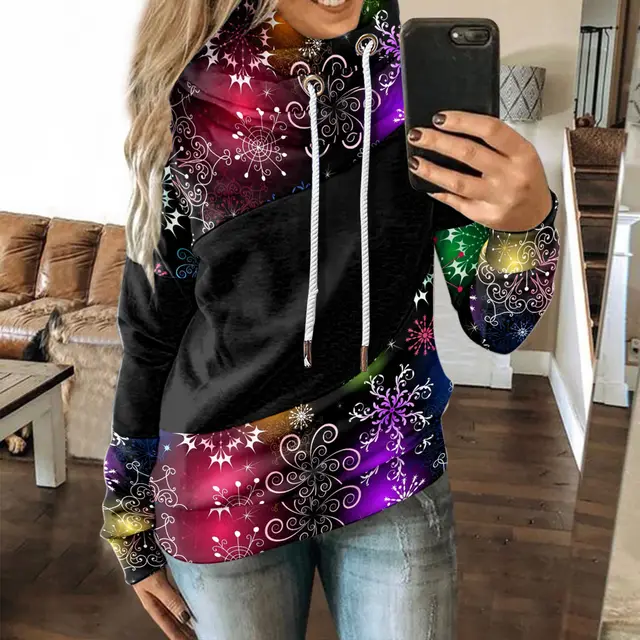 Autumn And Winter Casual Fashion Christmas Print Long sleeved Hooded Sweater Black - Shop at LoveMi