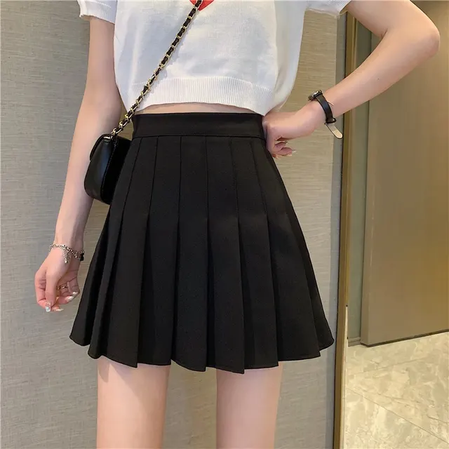 Plaid Pleated Skirt Female High Waist Slim Short Black - Shop at LoveMi