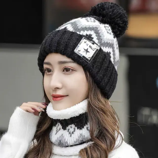 Casual Ear Protection Woolen Thickened Plus Velvet Warm Hair Ball Student Knitted Hat Black - Shop at LoveMi