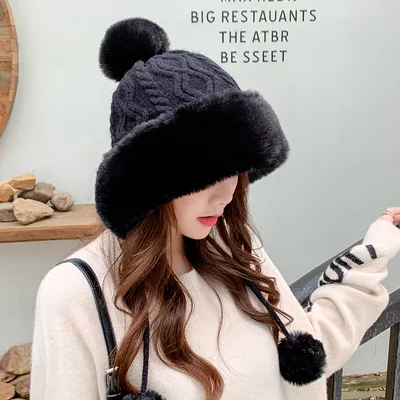 Autumn Winter Women's Cotton Cashmere Pullover Three wool Ball Hat Black - Shop at LoveMi