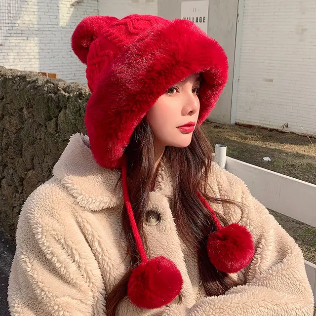 Autumn Winter Women's Cotton Cashmere Pullover Three wool Ball Hat Red - Shop at LoveMi