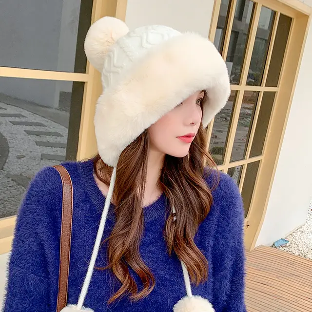 Autumn Winter Women's Cotton Cashmere Pullover Three wool Ball Hat White - Shop at LoveMi