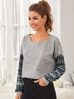 Casual Loose Round Neck Long Sleeve Printed Sweater - Grey