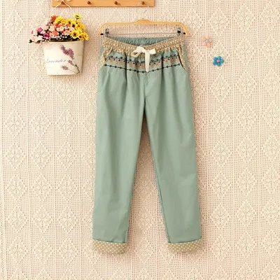 Japanese Embroidered Cotton And Linen Pants For Women Green - Shop at LoveMi