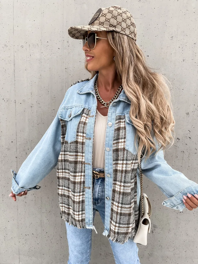 Denim Stitching Plaid Coat Loose Top Women Light Blue - Shop at LoveMi