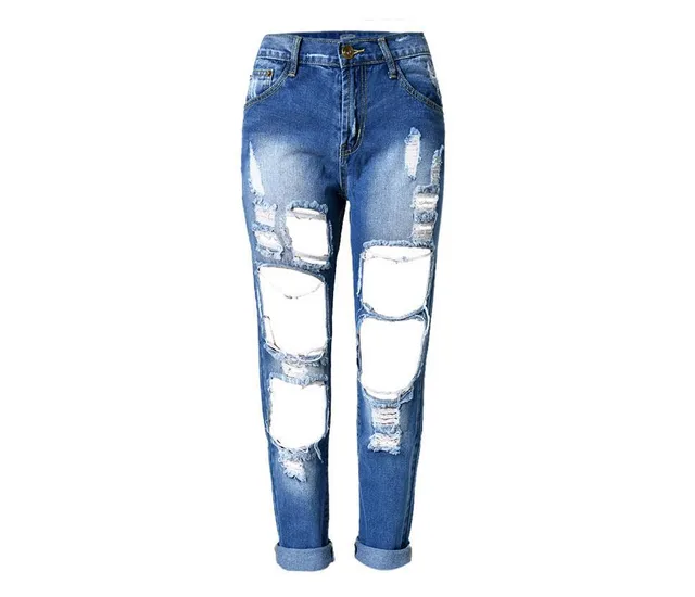 Ripped Jeans High Waist Women Ripped Hole Knee Skinny Pants Dark Blue And White - Shop at LoveMi