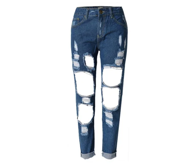 Ripped Jeans High Waist Women Ripped Hole Knee Skinny Pants Dark Blue - Shop at LoveMi