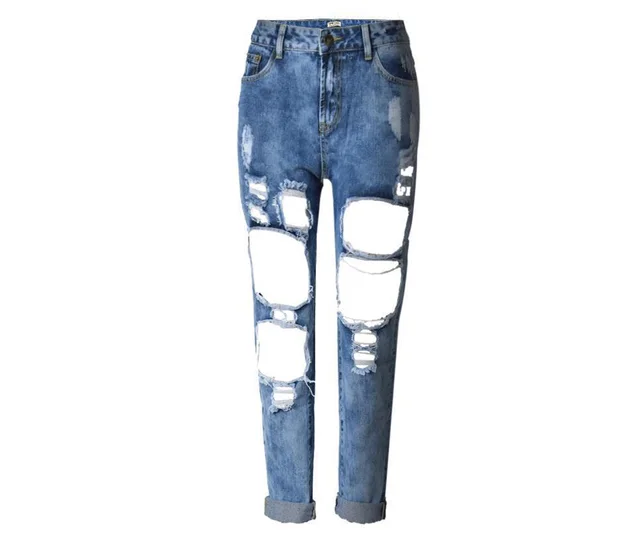 Ripped Jeans High Waist Women Ripped Hole Knee Skinny Pants Flower Blue - Shop at LoveMi