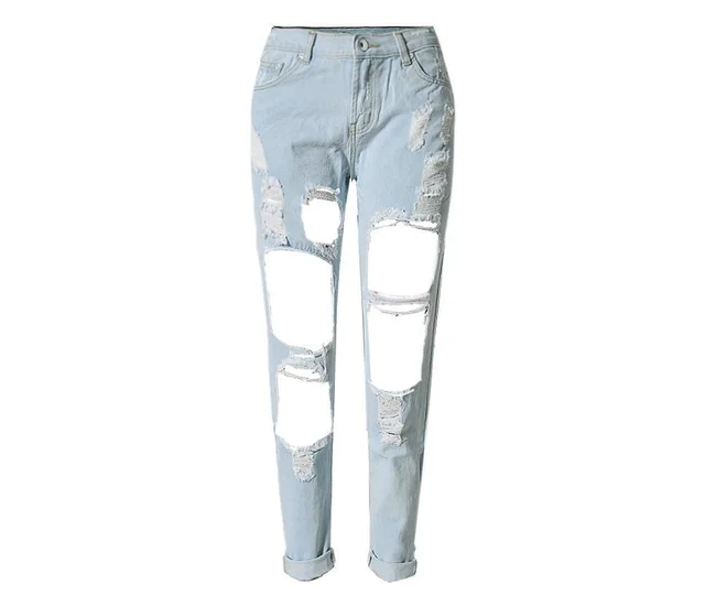 Ripped Jeans High Waist Women Ripped Hole Knee Skinny Pants Light Blue - Shop at LoveMi