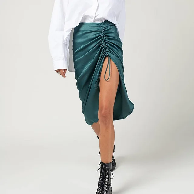 Sexy Pleated Lace Irregular Satin Skirt Women Green - Shop at LoveMi