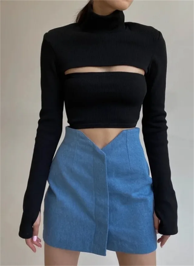 Hollow High neck Ribbed Sweater Long sleeved Tight fitting Crop Top Black - Shop at LoveMi