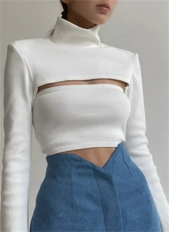Hollow High neck Ribbed Sweater Long sleeved Tight fitting Crop Top White - Shop at LoveMi