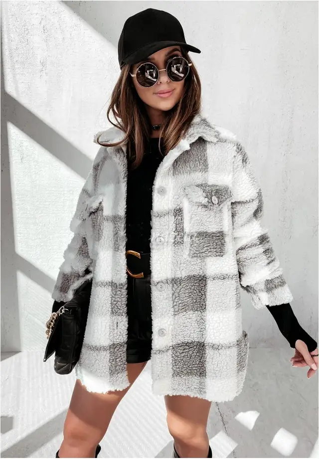 Women's Long sleeved Suit Collar Double Pocket Plaid Fur Coat Grey - Shop at LoveMi
