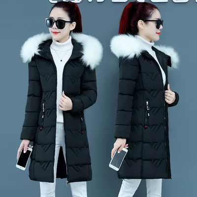 Slim Slimmer Hooded Big Fur Collar Plus Size Cotton Jacket Trendy Black White Fur Collar - Shop at LoveMi