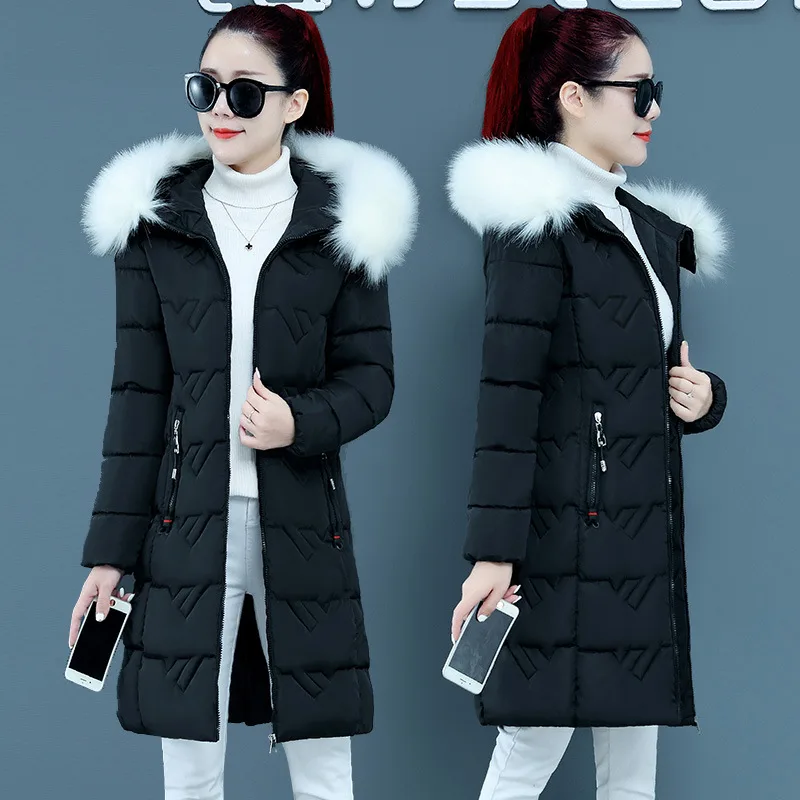Slim Slimmer Hooded Big Fur Collar Plus Size Cotton Jacket Trendy Black White Fur Collar - Shop at LoveMi