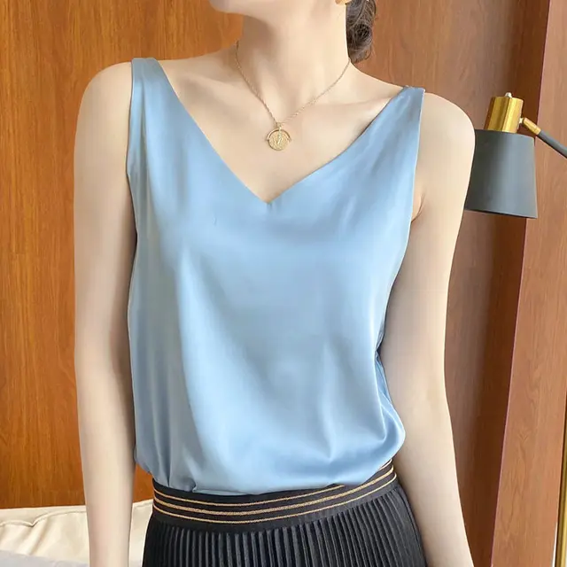 Sleeveless Silk Satin Ladies Camisole Bottoming Shirt Sky Blue - Shop at LoveMi