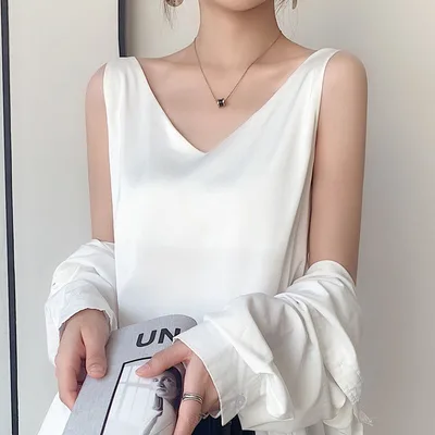 Sleeveless Silk Satin Ladies Camisole Bottoming Shirt White - Shop at LoveMi
