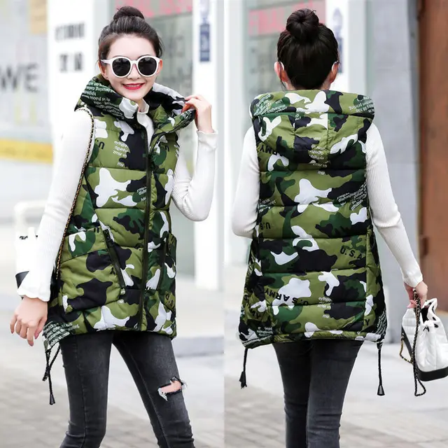Women's Mid length Down Cotton Vest Camouflage Green - Shop at LoveMi