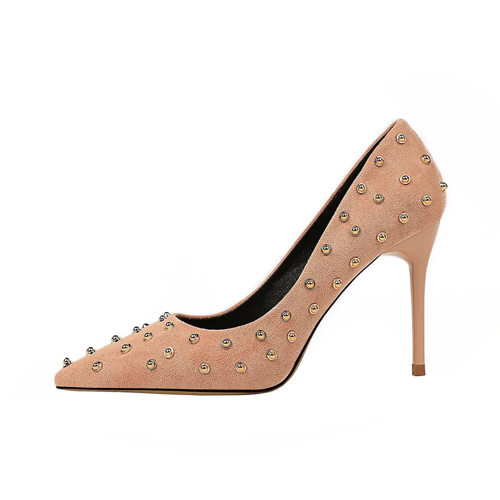 Rivet High Heels Women Stiletto Pointed Suede Single Shoes Korean Nightclub Khaki Khaki - Shop at LoveMi