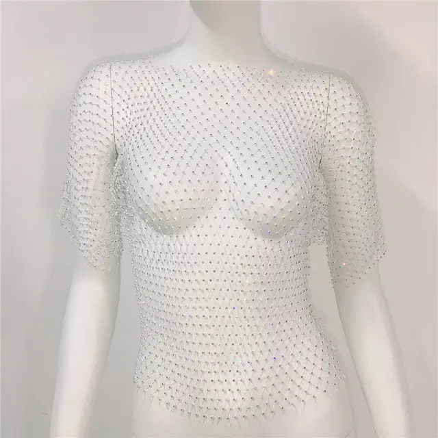 European And American Women's Rhinestone Fishing Net T shirt White - Shop at LoveMi