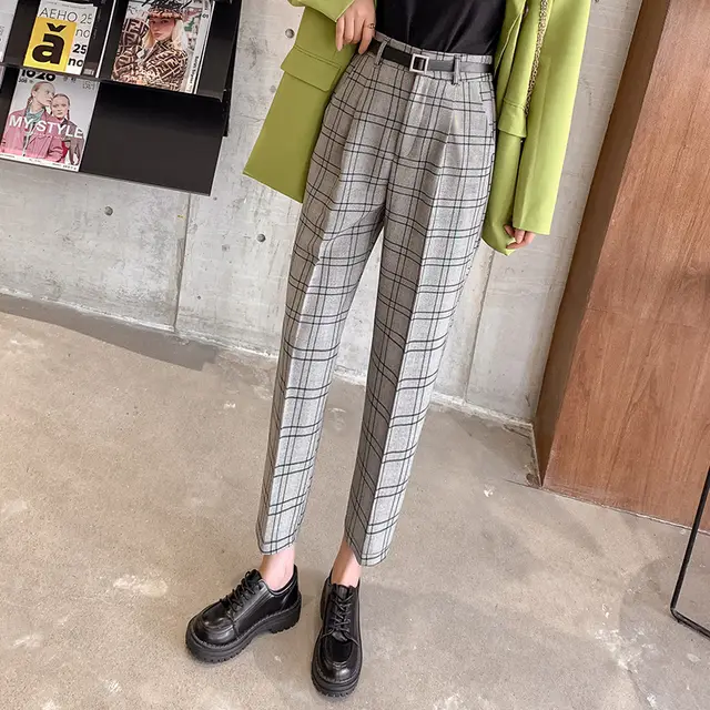 Plaid Casual Pants Women Loose British Style Nine Points Grey Grid - Shop at LoveMi