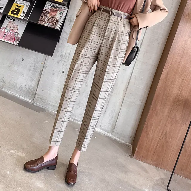 Plaid Casual Pants Women Loose British Style Nine Points Khaki Grid - Shop at LoveMi