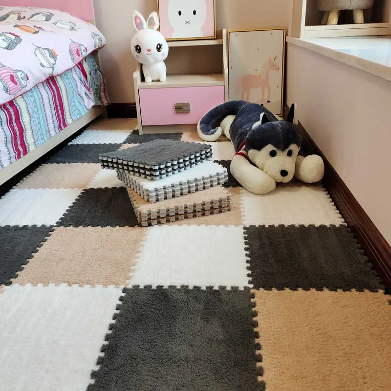 Large Area Room Cube Floor Mats Beside The Bed - Grey Light Coffee White