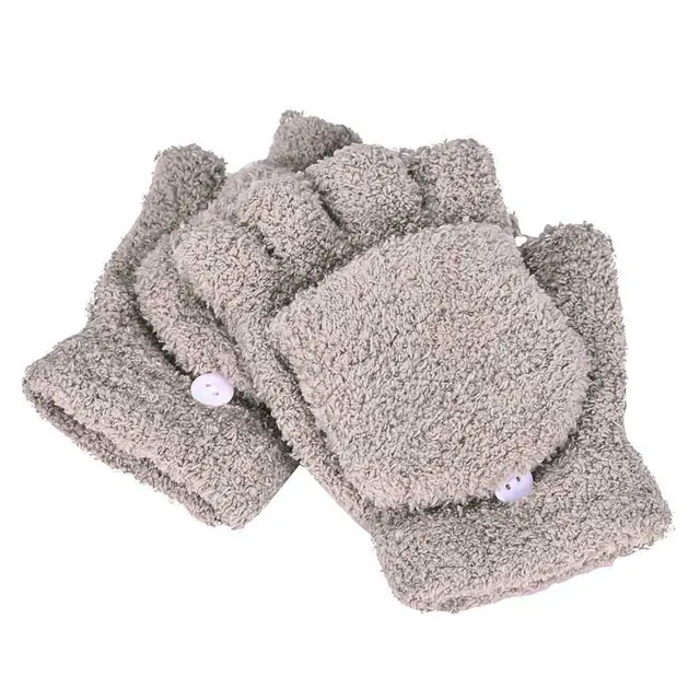 Coral Fleece Flip Half finger Gloves, Writing And Internet Travel Warm Gloves Khaki - Shop at LoveMi