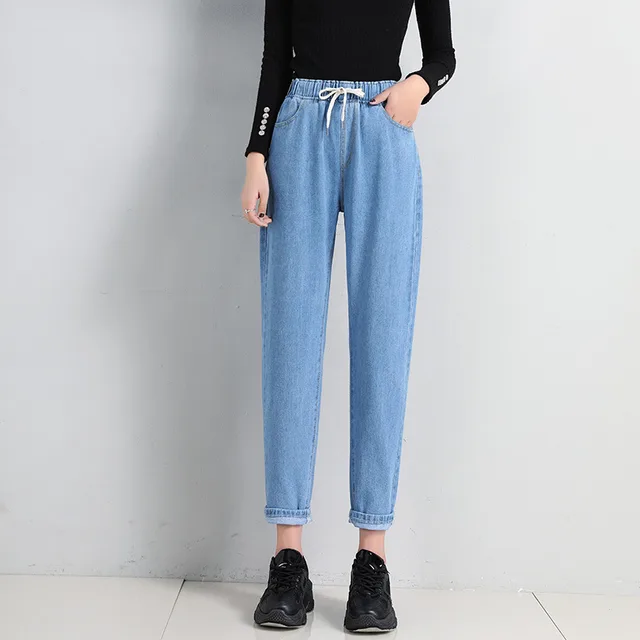 Straight Casual Elastic Waist Lace up High waist Jeans Women's Loose Pants Light Blue - Shop at LoveMi