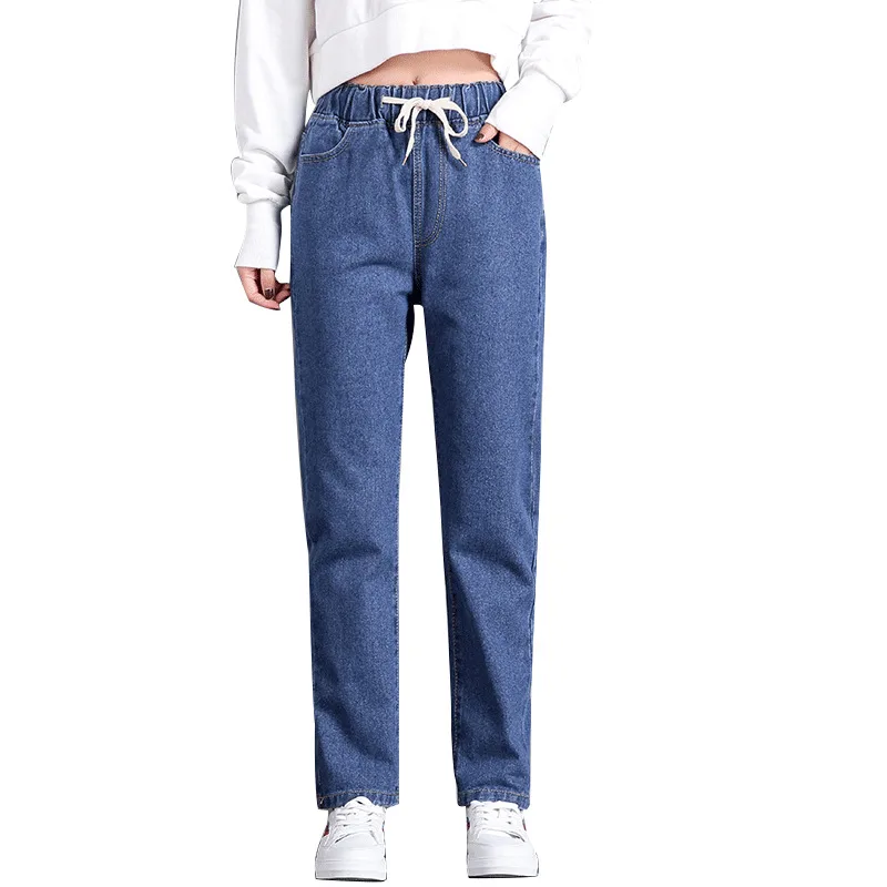 Straight Casual Elastic Waist Lace up High waist Jeans Women's Loose Pants Navy Blue - Shop at LoveMi