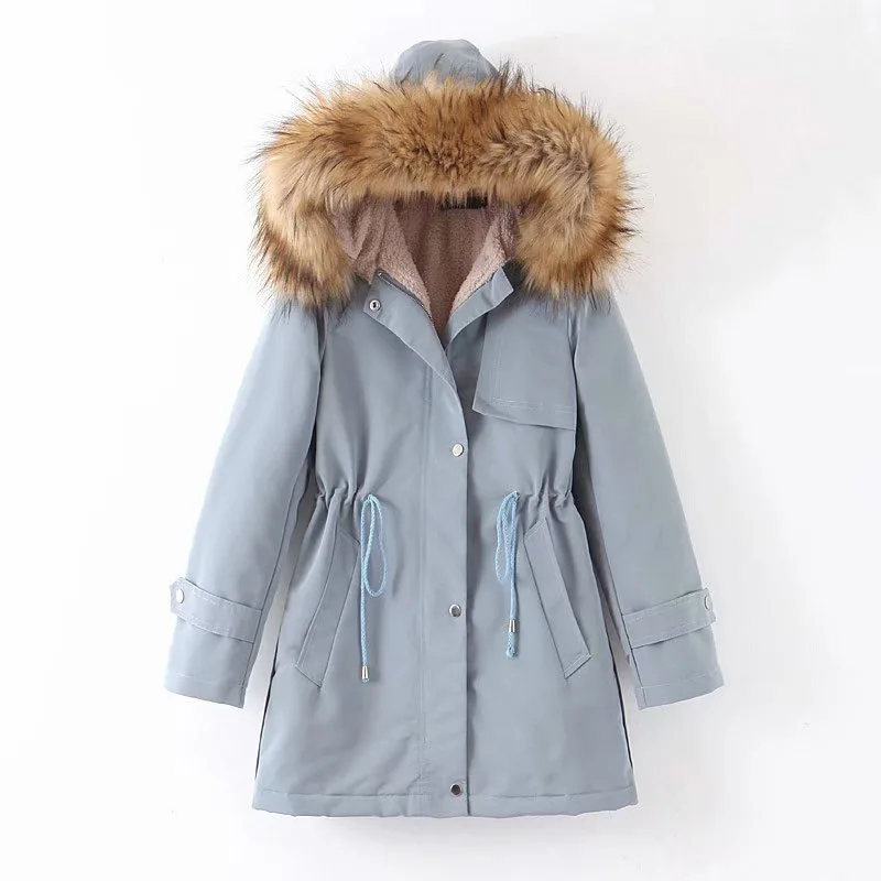 Women's Mid-length Large Fur Collar Thickened Large Size Slim Waist Coat Jacket - Blue