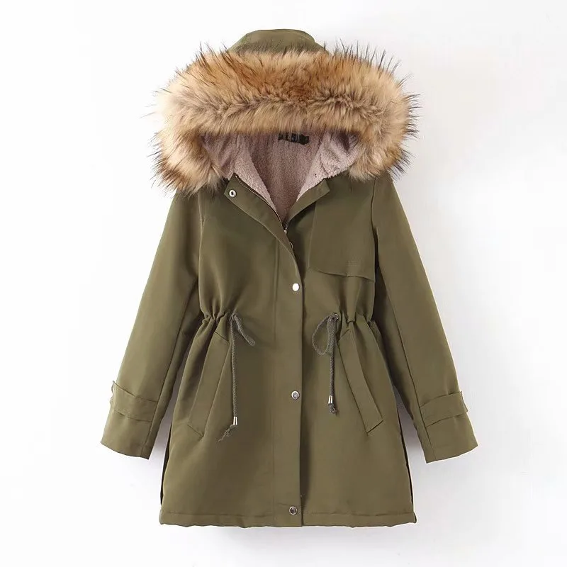 Women's Mid length Large Fur Collar Thickened Large Size Slim Waist Coat Jacket Green - Shop at LoveMi