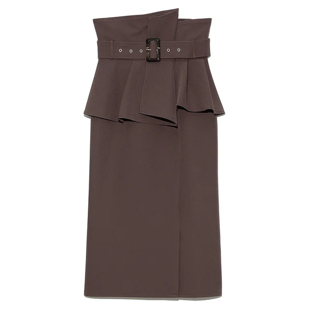 Temperament Solid Color High waisted Belt Modified Pleated Ruffled Slim And Elegant Skirt Coffee - Shop at LoveMi