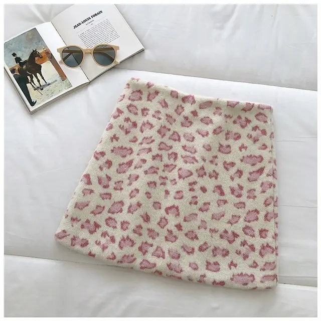 Leopard Print High waist Woolen Korean Version Of Retro Wild Slim Slim A line Bag Hip Skirt Apricot - Shop at LoveMi