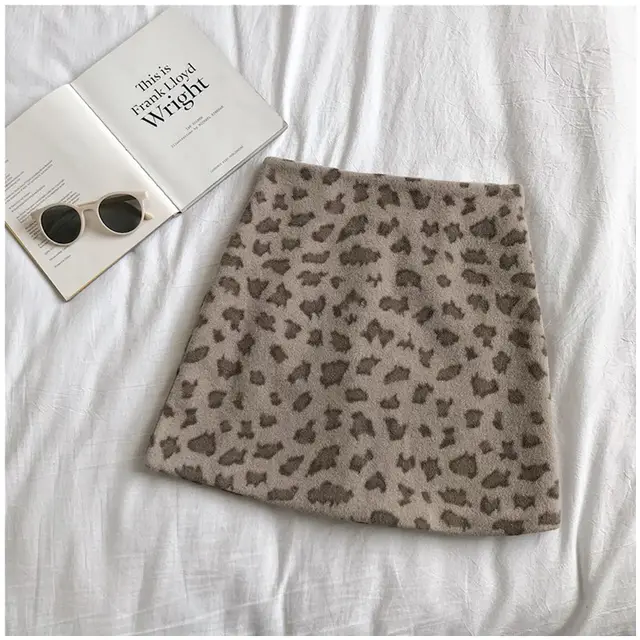 Leopard Print High waist Woolen Korean Version Of Retro Wild Slim Slim A line Bag Hip Skirt Khaki - Shop at LoveMi