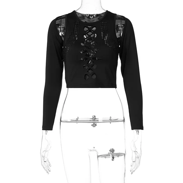 Long sleeved Off the shoulder Round neck Cutout Crop Top Black - Shop at LoveMi