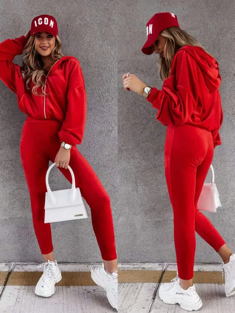 Ladies Suit Hooded Solid Color Red - Shop at LoveMi