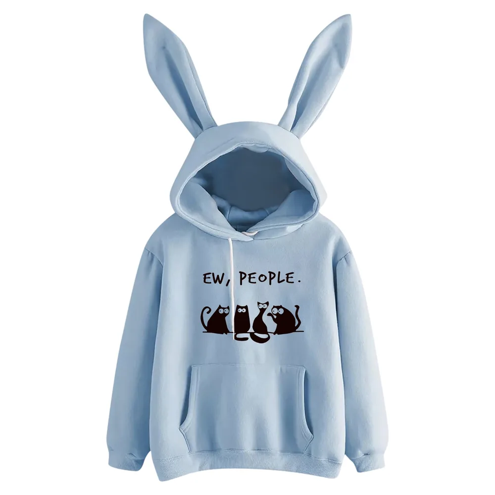 New Rabbit Ears Print Ladies Cute Long-sleeved Hooded Sweater Fleece - Blue