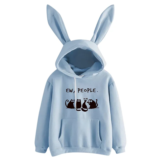 New Rabbit Ears Print Ladies Cute Long sleeved Hooded Sweater Fleece Blue - Shop at LoveMi