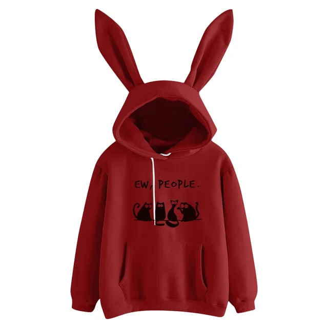 New Rabbit Ears Print Ladies Cute Long sleeved Hooded Sweater Fleece Red - Shop at LoveMi