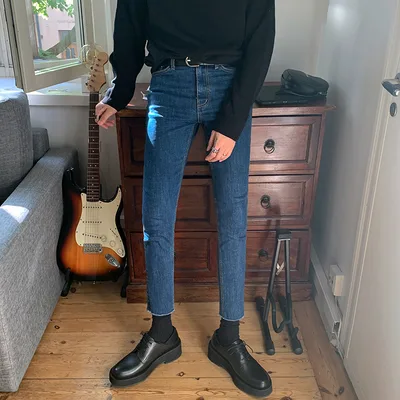 Nine point Ripped Straight leg Slim fit Stretch foot Trousers Blue - Shop at LoveMi