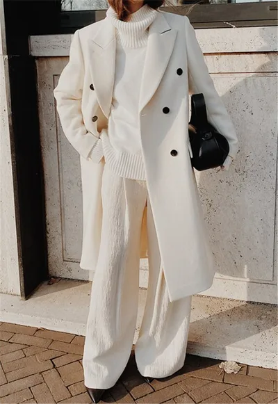 Two color Long sleeved Woolen Coat Women's Clothing White - Shop at LoveMi