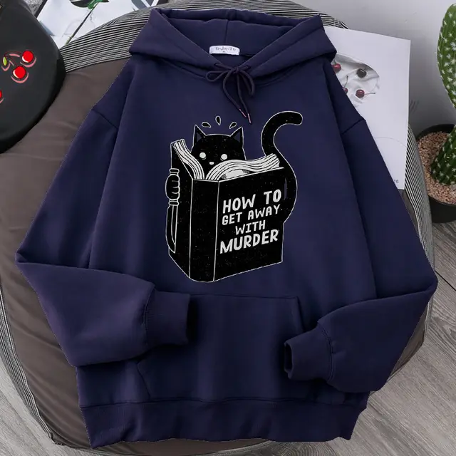Men's And Women's Hooded Sweater Cartoon Anime Cute Cat Reading Print Sweatshirt Navy Blue - Shop at LoveMi