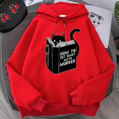 Men's And Women's Hooded Sweater Cartoon Anime Cute Cat Reading Print Sweatshirt Red - Shop at LoveMi