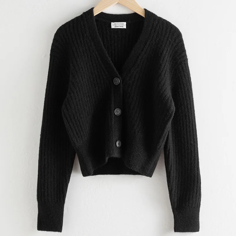 Women's Cardigan Jacket Short High Waist Slim Slimming V neck Black - Shop at LoveMi