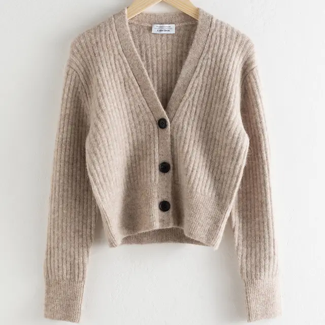 Women's Cardigan Jacket Short High Waist Slim Slimming V neck Oatmeal - Shop at LoveMi