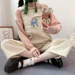 Korean Student Girl Corduroy Overalls Shopping Cart Embroidery Straight Leg Casual Trousers Women - Beige