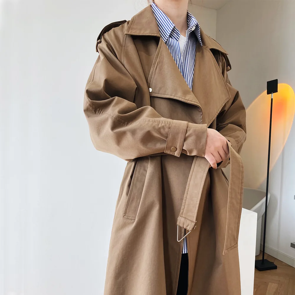 Temperament British Mid Length Over The Knee Windbreaker Women Loose Korean Style Jacket Coffee - Shop at LoveMi
