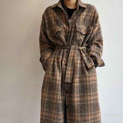 Korean Version Of The Autumn And Winter Retro Contrast Color Plaid Single row Shirt Dress Woolen Jacket Coffee Color - Shop at LoveMi