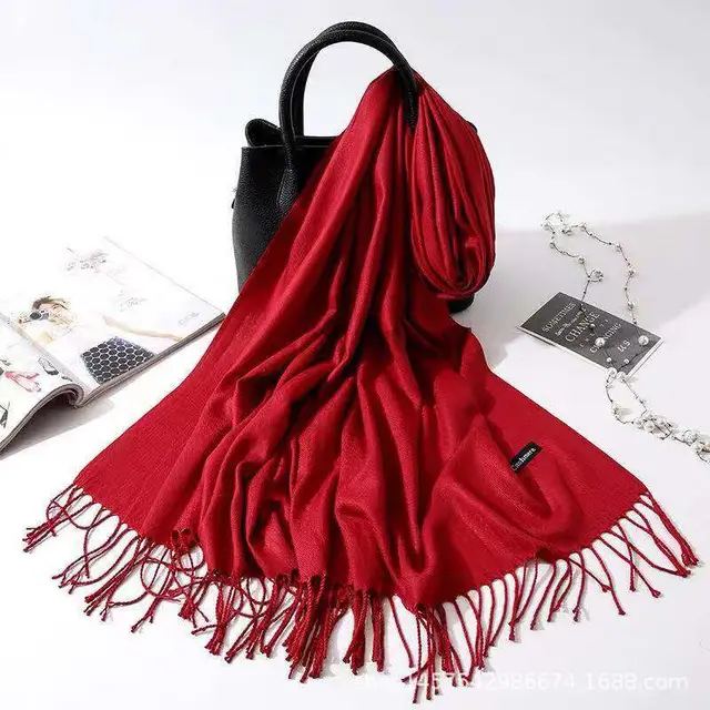 Imitation Cashmere Scarf Women's Solid Color Fringed Warm Dual use Shawl Burgundy - Shop at LoveMi